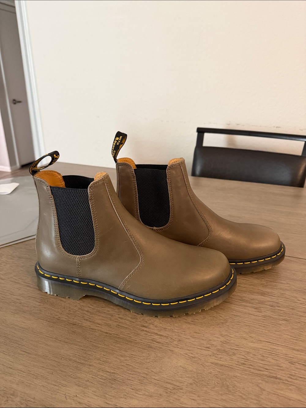 Dr. Martens Olive Green Leather Chelsea Boots with Yellow Stitching